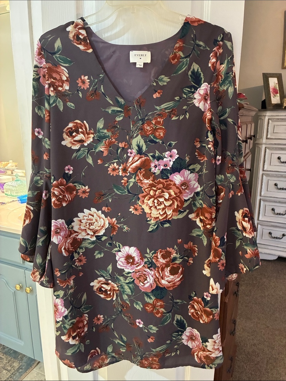 Everly Floral V-Neck Bell Sleeve Dress- Brown with Pink & Green SZ S